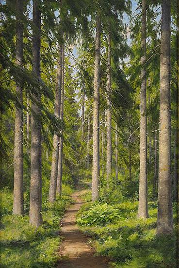 johan krouthen Sunlit forest path Sweden oil painting art